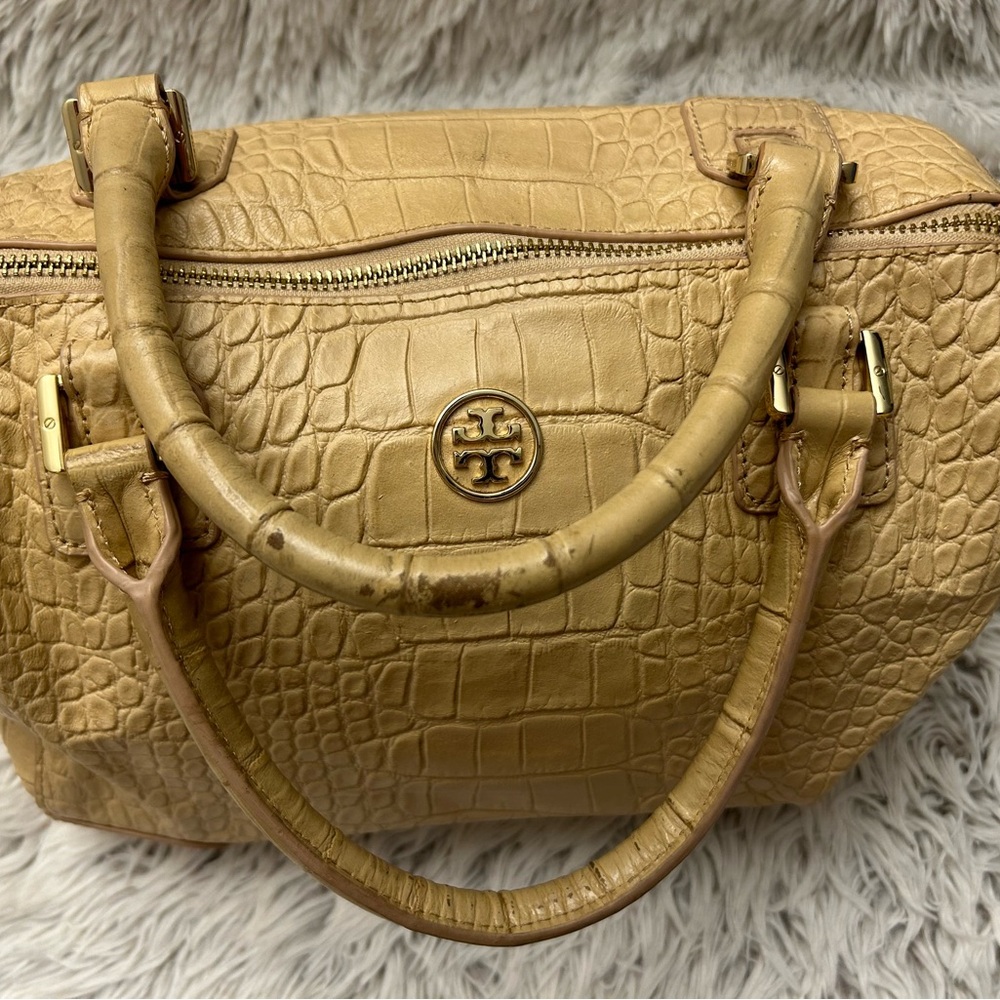 Tory Burch tan leather satchel bag with crossbody strap